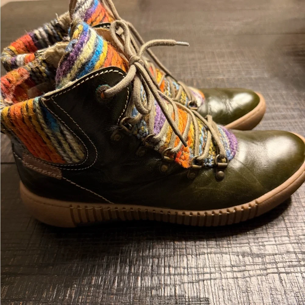 Josef Seibel Olive Lace Up Boots with Colorful Knit - Picture 2 of 6